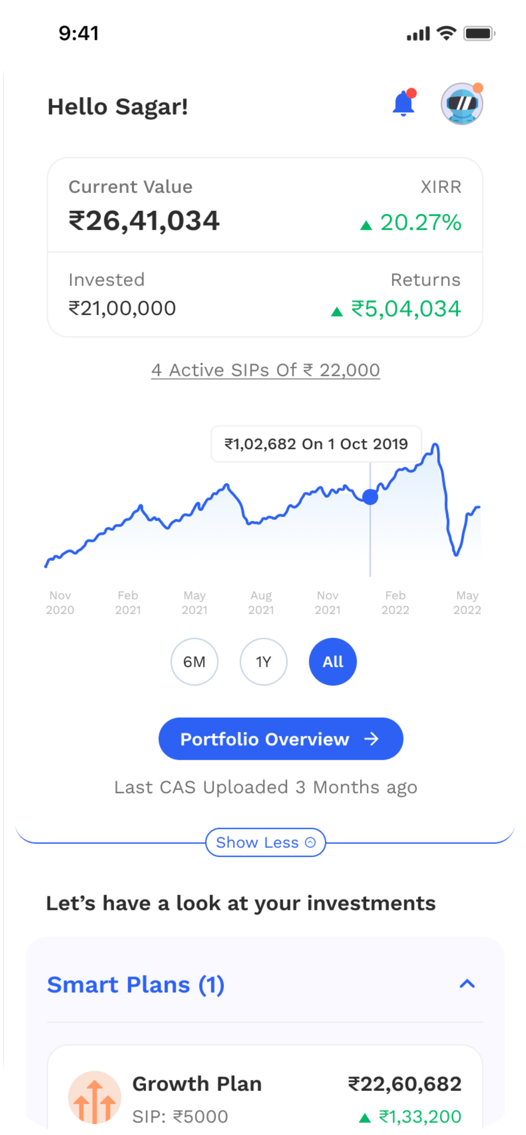 Glide Invest homepage — portfolio value, returns chart and Smart Plans
