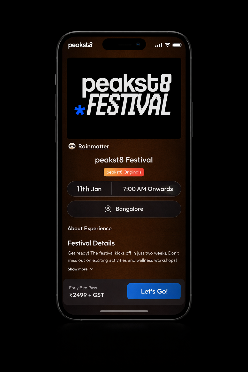 Peakst8 app — Festival experience detail and pass purchase