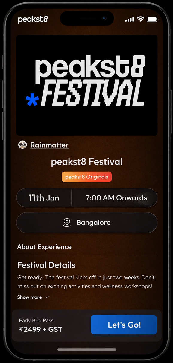 peakst8 Festival overview — 11th Jan, 7:00 AM onwards, Bangalore, festival details and Early Bird Pass ₹2499 + GST with Let's Go