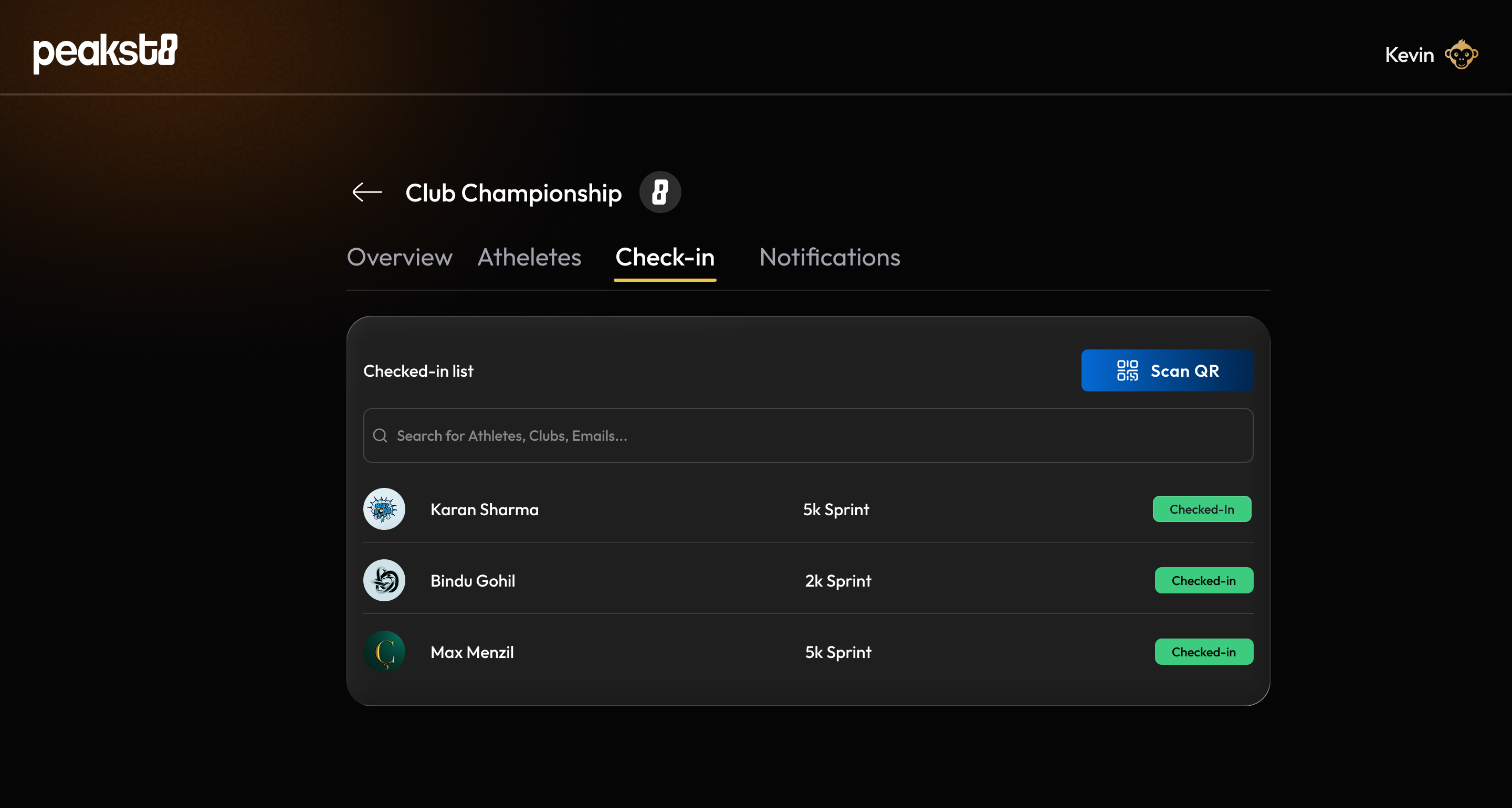 Admin panel, Club Championship — Check-in tab with search for athletes, clubs and emails, a Scan QR button and the checked-in list
