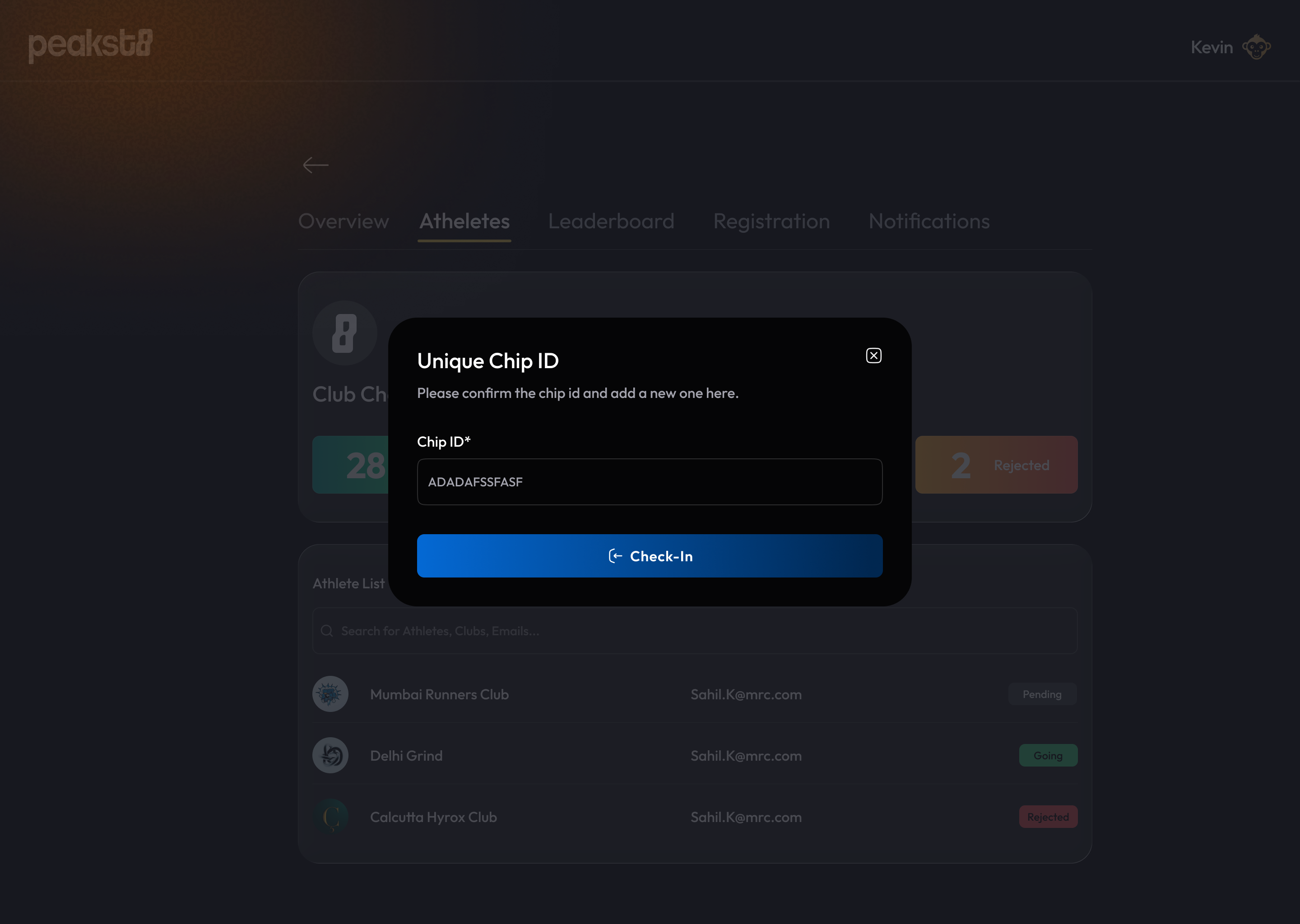 Unique Chip ID modal — confirm the chip id and add a new one, with a Check-In button