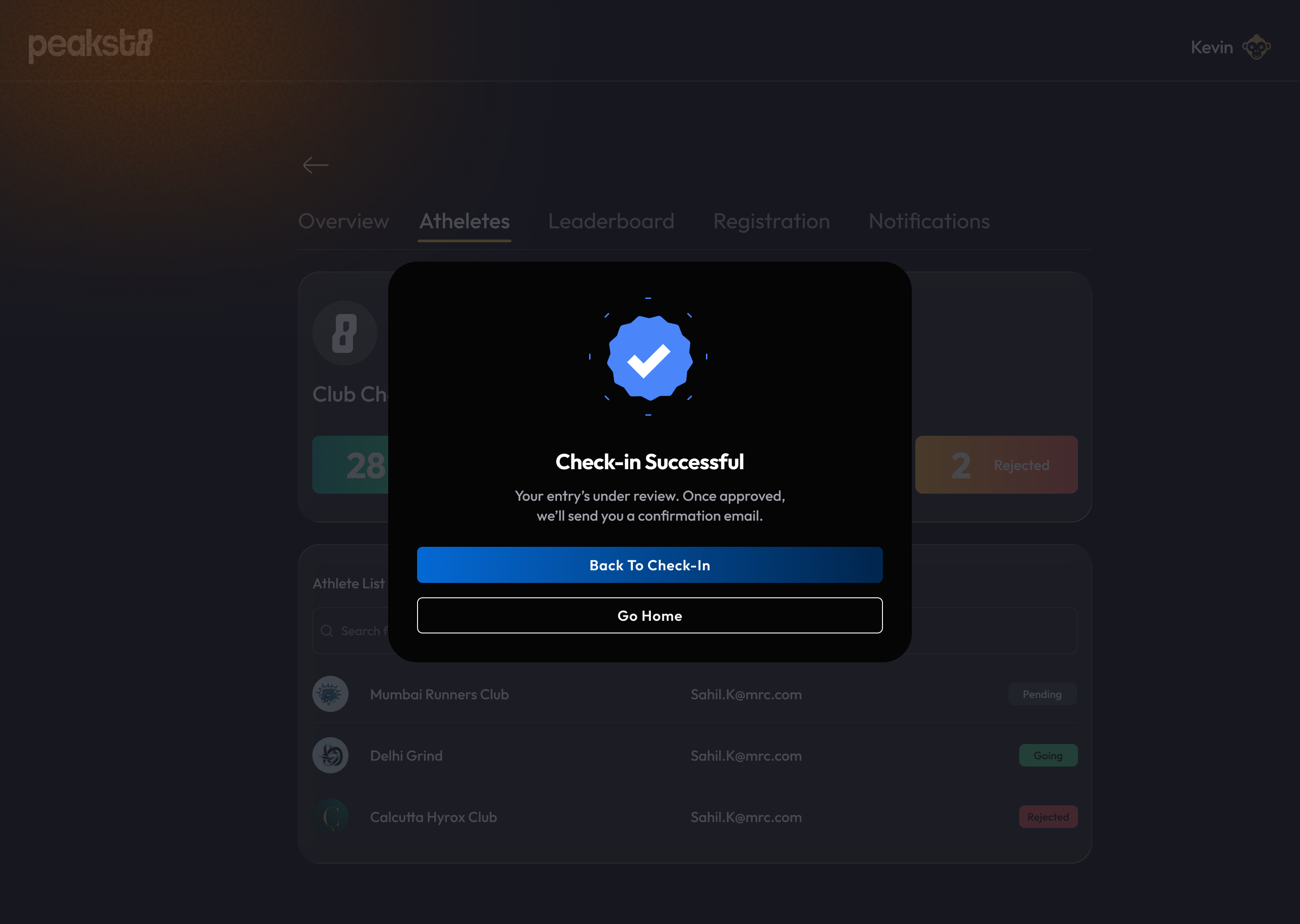 Check-in Successful modal with Back To Check-In and Go Home actions