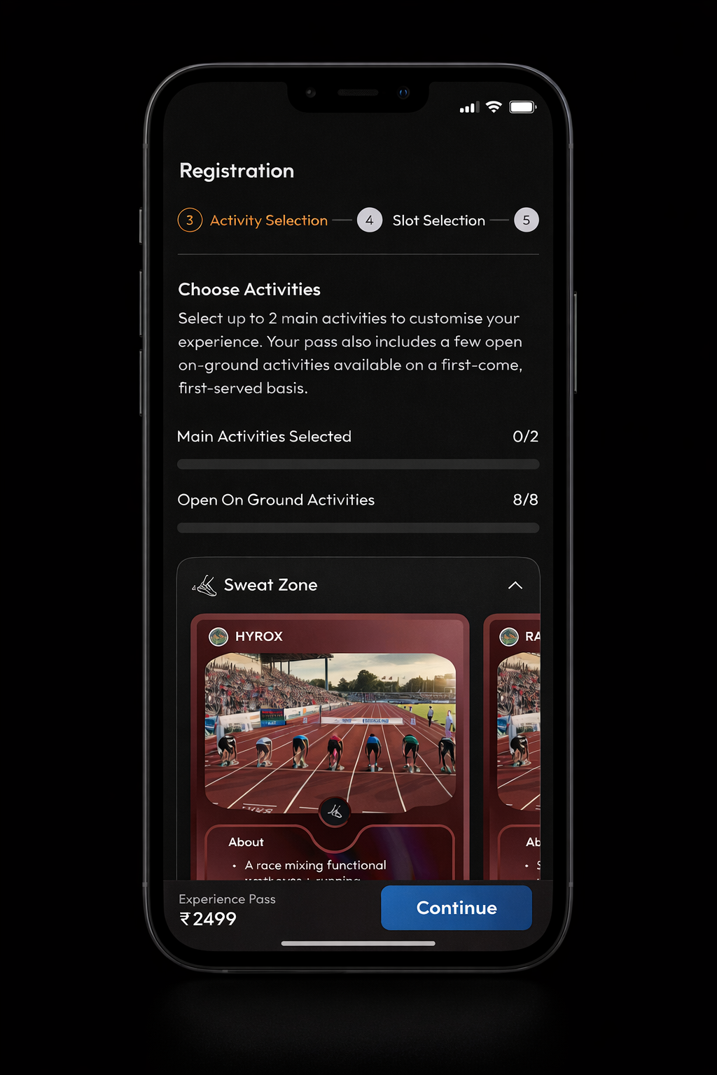 Peakst8 app — registration flow, choosing activities
