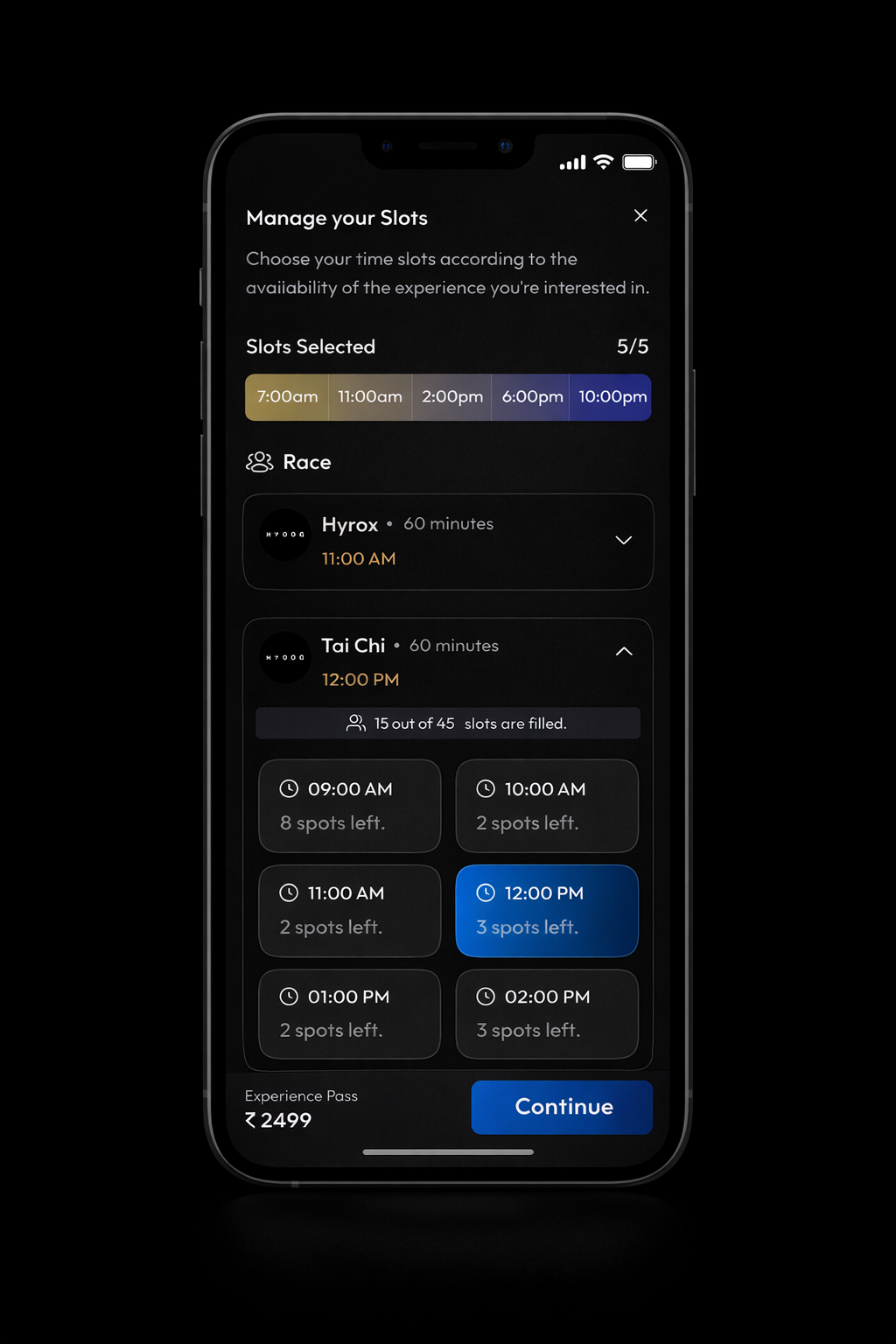 Peakst8 app — managing time slots across activities