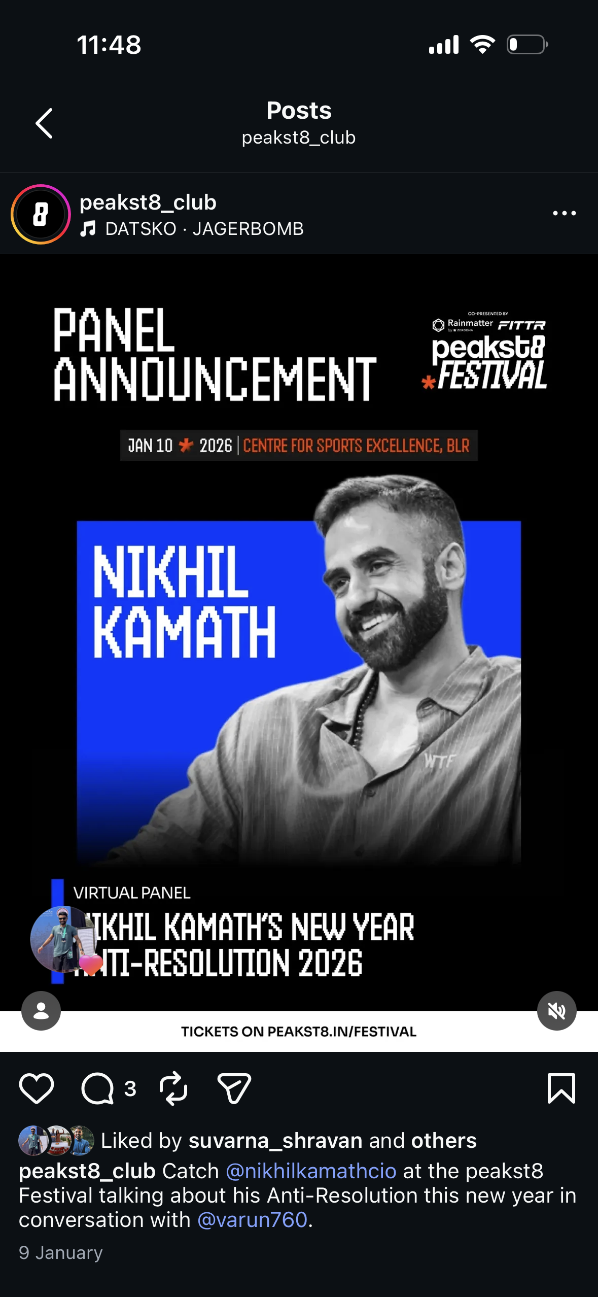 peakst8_club Instagram post — panel announcement, Nikhil Kamath’s New Year Anti-Resolution 2026