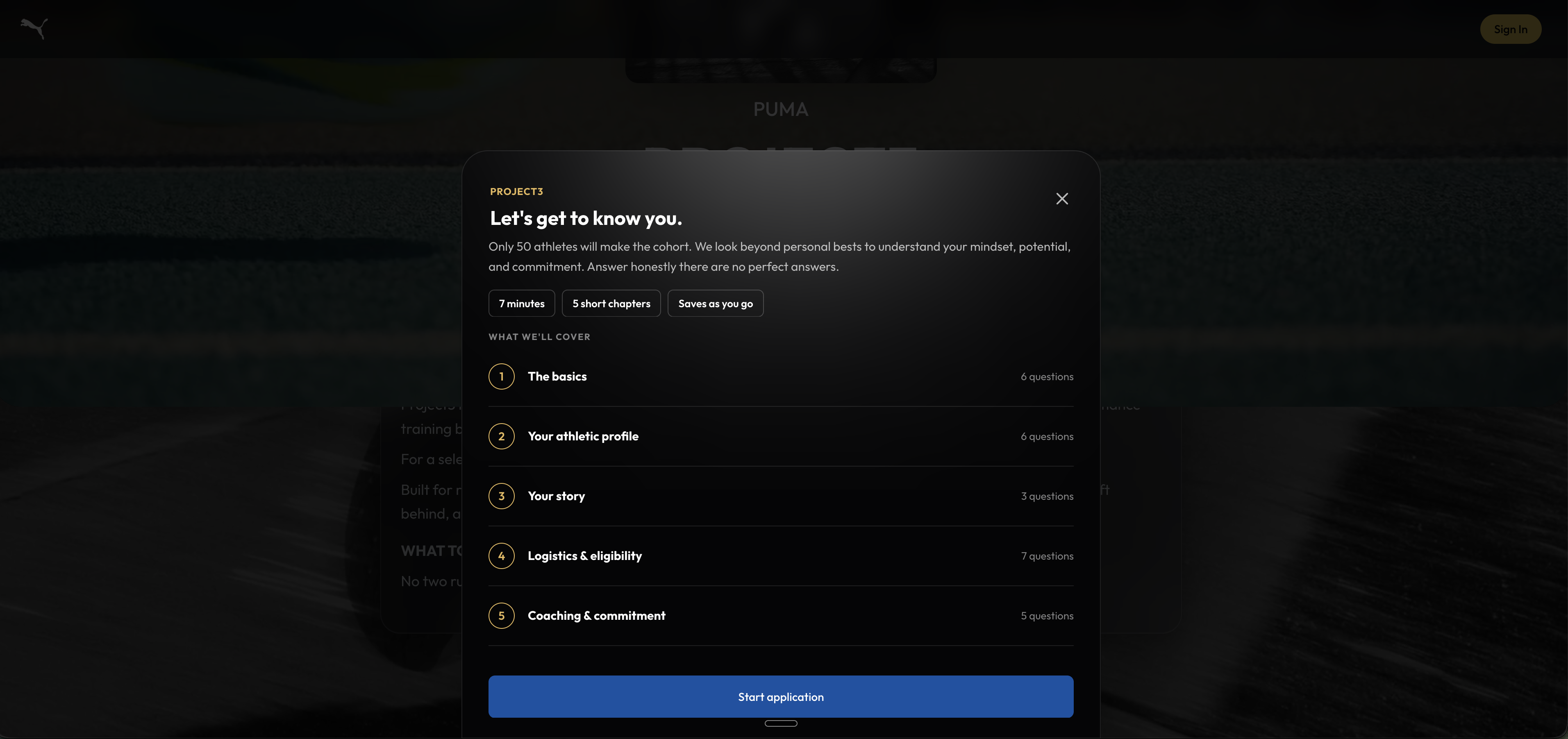 Project3 application overview — Let's get to know you: 7 minutes, 5 short chapters, saves as you go; The basics, Your athletic profile, Your story, Logistics & eligibility, Coaching & commitment; Start application